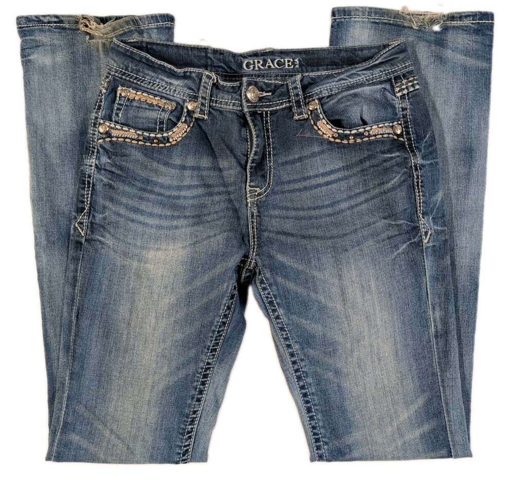 Grace in LA Easyfit Jeans Size 28 Womens Embellished Flap Pocket Bootcut Y2K